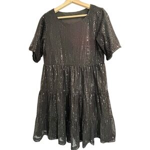 Sparkle Tiered Sequin Mini Dress Black Short Sleeve A Line Party Club Size M